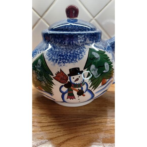 Snowman Teapot and 2 Snowman Mugs Blue Ceramic Christmas Winter - Picture 6 of 16
